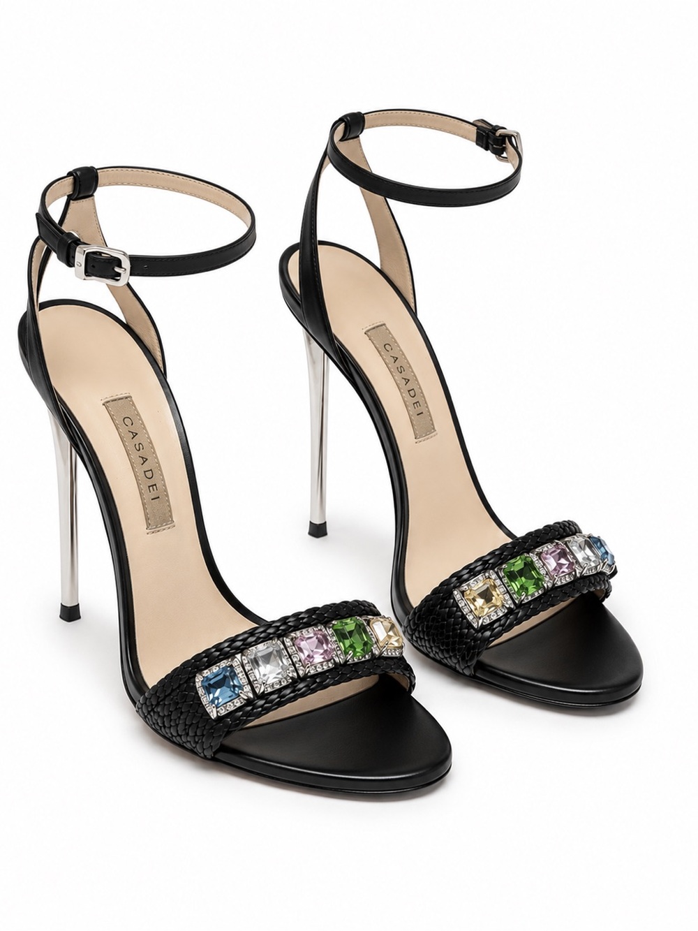 CASADEI Crystal Rhinestone Sandals • Size 38/8 • Black/Multi AS SEEN ON BEYONCÉ